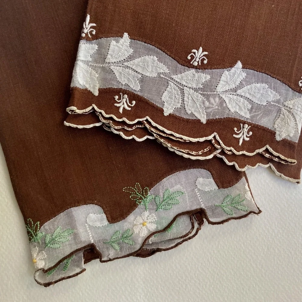 Set of 2 Scalloped Cocoa & White Floral Embroidered Linen Tea Towels